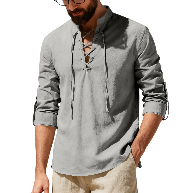Men's Casual Long Sleeve Linen Henley Shirt