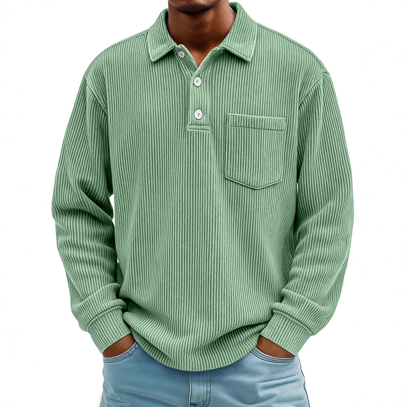 Men's Corduroy Striped Long Sleeve Polo Shirt